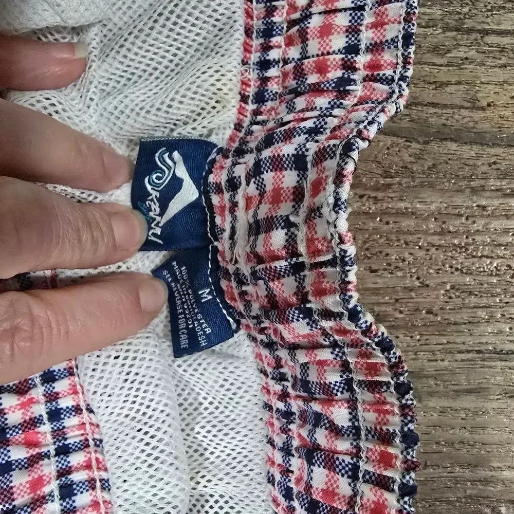 Kanu Red White Blue Gingham Check Swim Trunks Shorts with Mesh Liner Size M